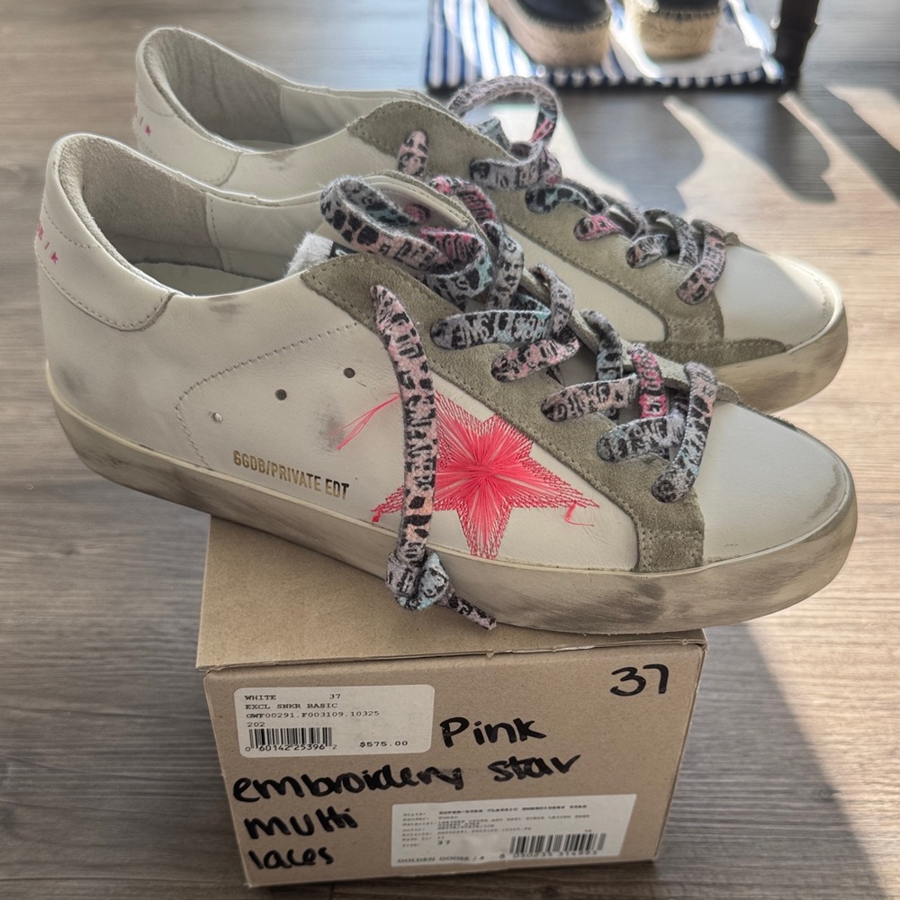 Golden Goose Women's Sneakers with Pink Star and Multi-Color Laces - Size 37